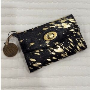 Myra Bag Cowhide Wallet Black Gold Metallic Hair On Hide RFID Trifold Turn Lock